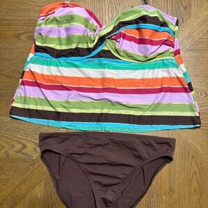 Striped Bandeau Tankini Top with Solid Brown Bottoms